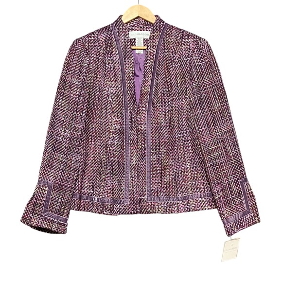 Sag Harbor Jackets & Blazers - Sag Harbor Womens Purple Tweed Novelty Jacket Size 16 Velvet Trim Open Front NWT